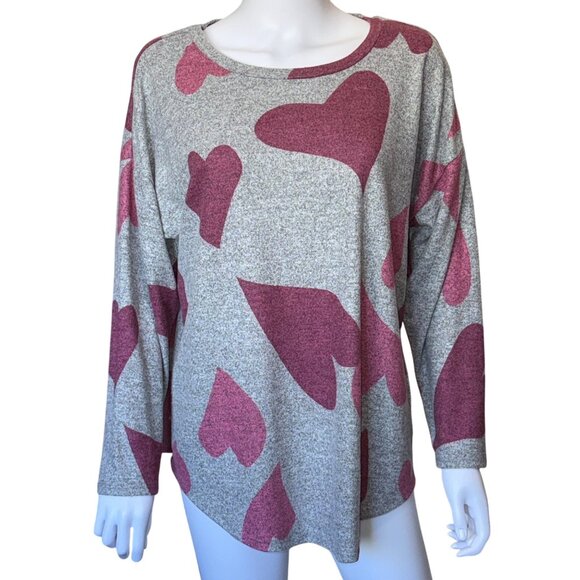 Chelsea & Theodore Gray & Pink Heart Print Long Sleeve Top Womens Size 1X - Picture 1 of 5